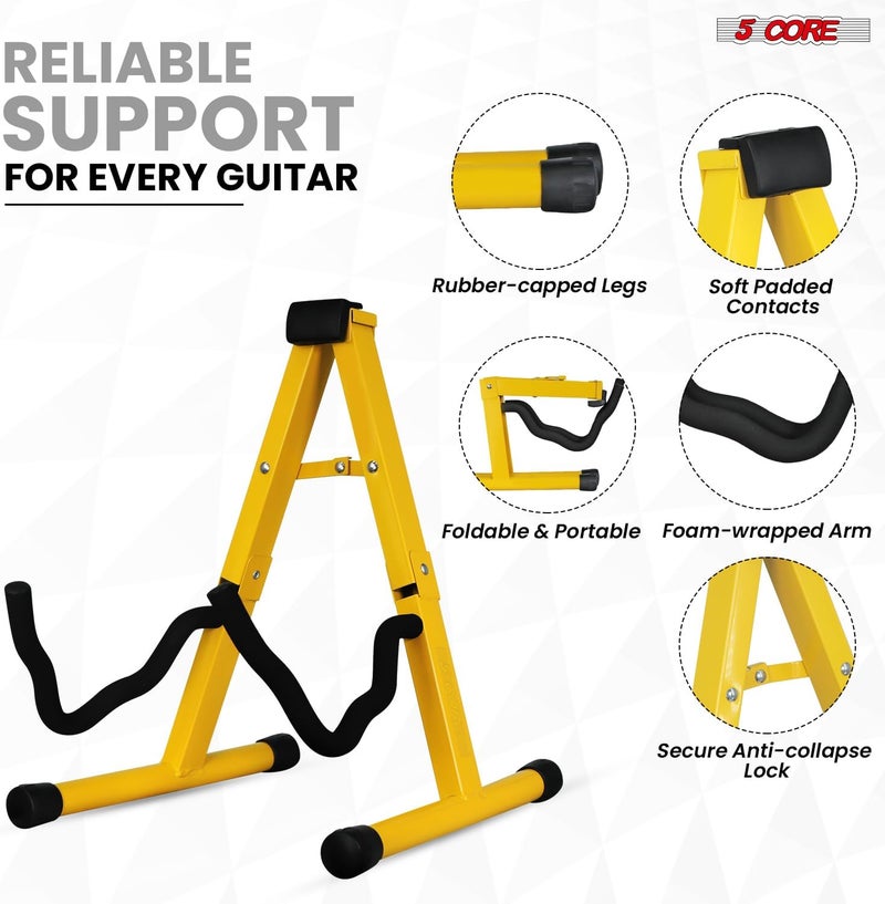 5 Core Guitar Stand 2Pc A Frame w Soft Foam Arms Non-Slip Rubber for Acoustic Electric Bass Guitar Ukulele & Banjo Foldable Stand - GSS YLW 2PCS - Image 2
